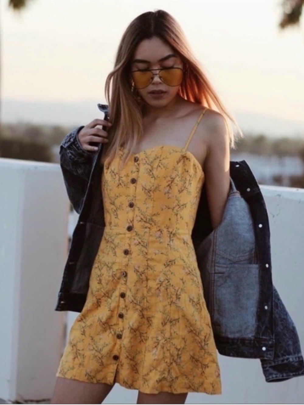 Kimchi Blue Yellow Floral Button-Front Mini Dress from Urban Outfitters